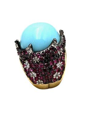 Joan Boyce Pink Crystal Gold Tone Statement Ring Size 6